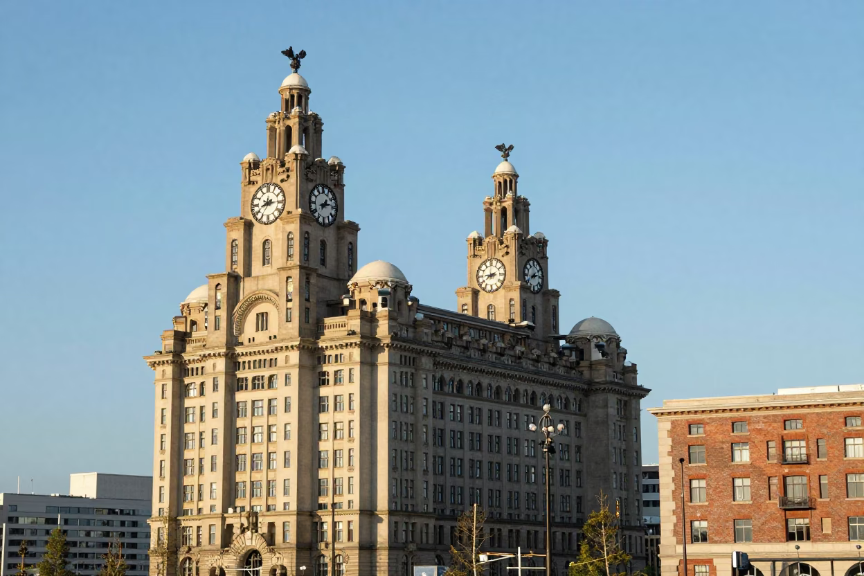 Royal Liver Building and Albert Dock Docks in Late Afternoon Light Liverpool United Kingdom in in Liverpool, United Kingdom