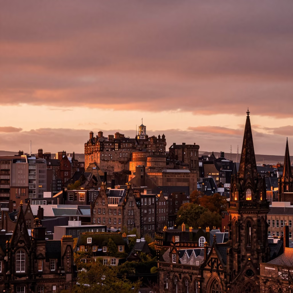 Royal Mile in Edinburgh at Copper-toned Light Before Dusk in in Edinburgh, United Kingdom