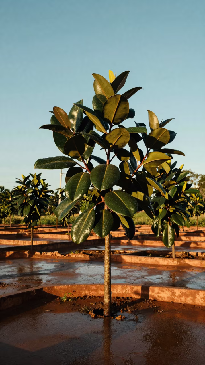 Rubber Fig Tree Dawn Light Monsoon Brazil in among terraced garden plots in Brazil