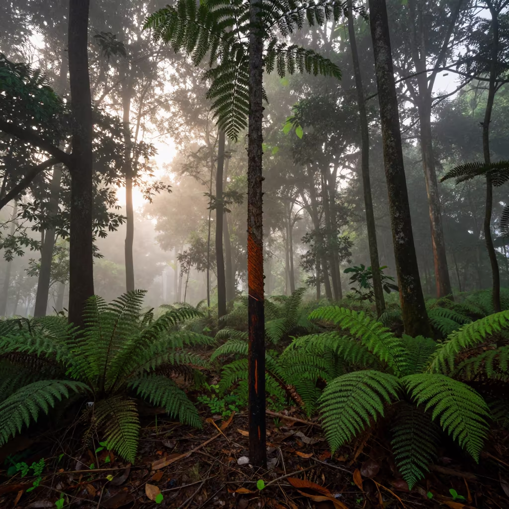 Rubber Fig Tree at Dawn in West Bengal Rainforest in on a fern-lined forest floor in West Bengal