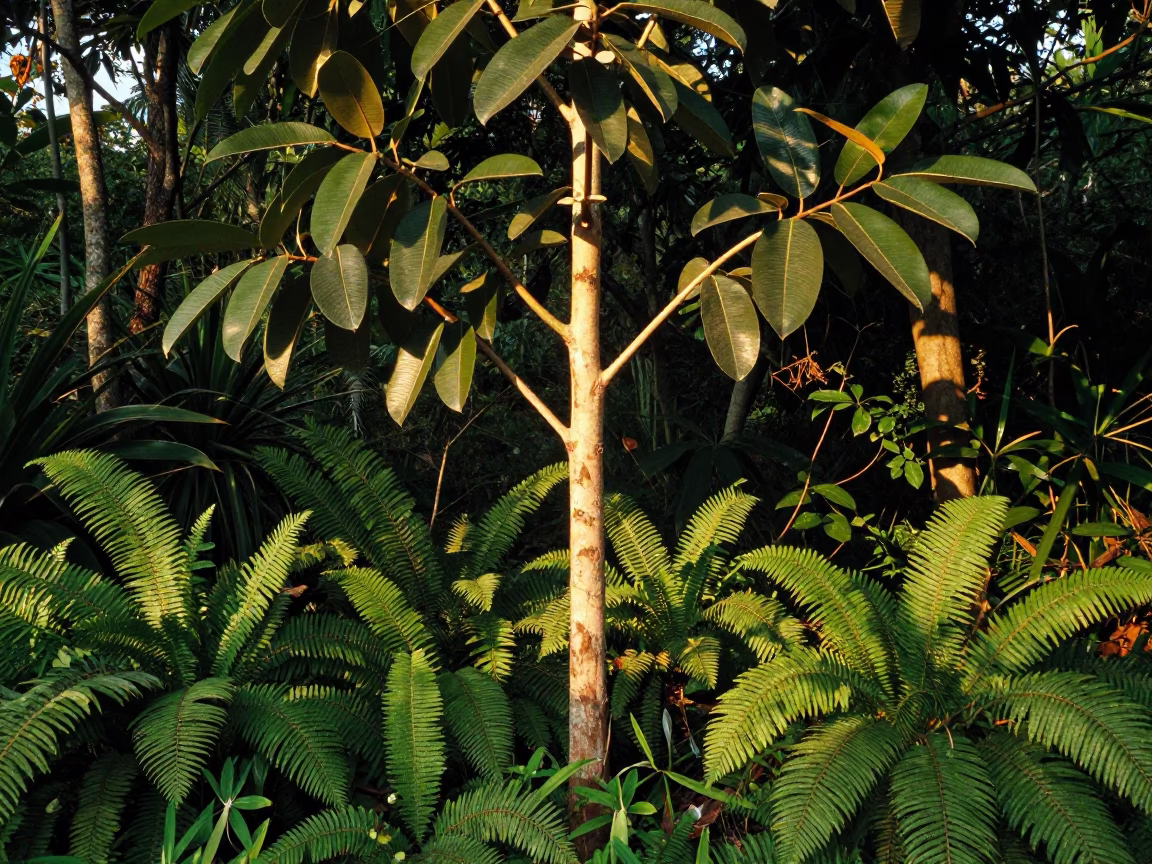 Rubber Fig Tree in Golden Rainforest Light in on a fern-lined forest floor near Dar es Salaam