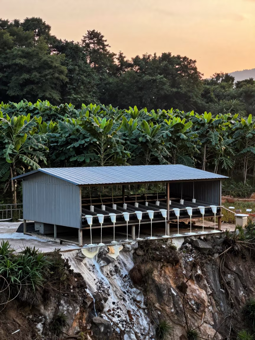 Rubber Latex Cups Dripping in Evening Light in along a salt-sprayed cliff edge in Hunan