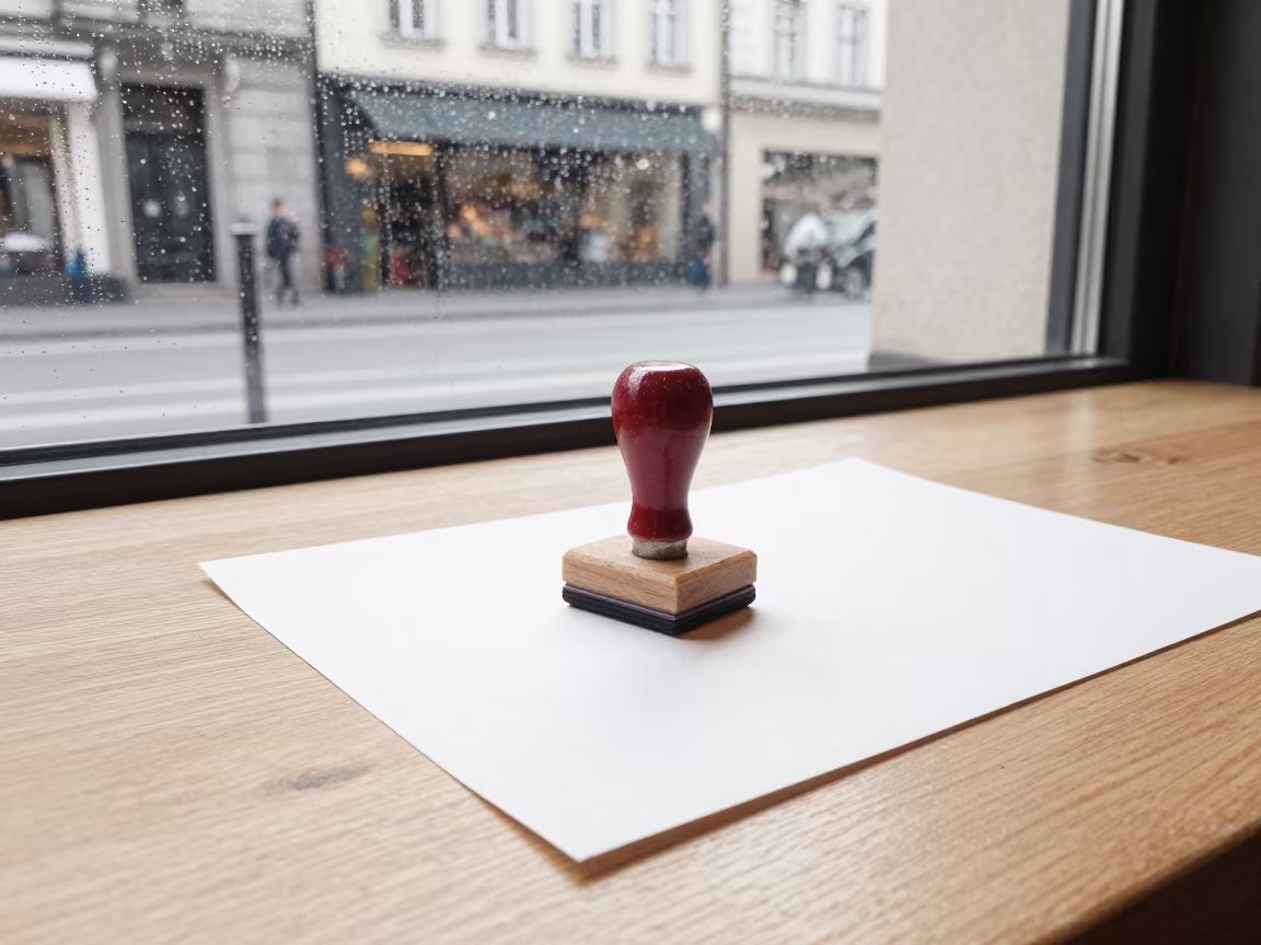 Rubber Stamp on Blotter in Munich Cafe in on a cafe table by a window in Munich