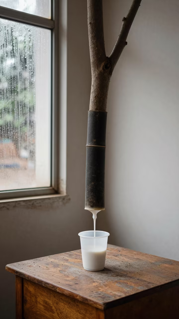 Rubber Tree Latex Cup on Library Table in on a dusty library table near Abuja