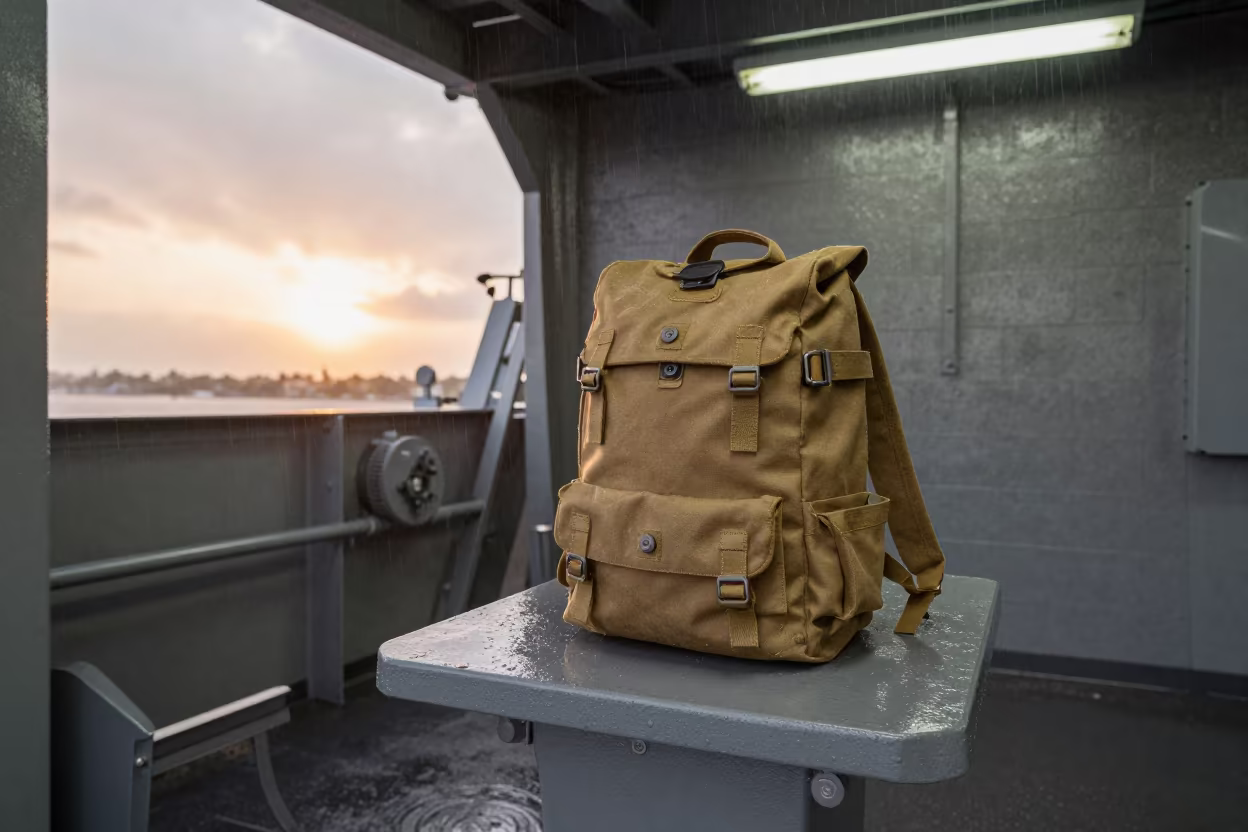 Rucksack Inspection Bench Naval Deck Sunset Rain in on a naval deck in rough wind in Nicaragua