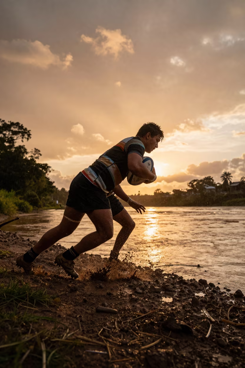 Rugby Flanker Driving Tackle Riverbank Sunset in by a riverbank near Catia La Mar