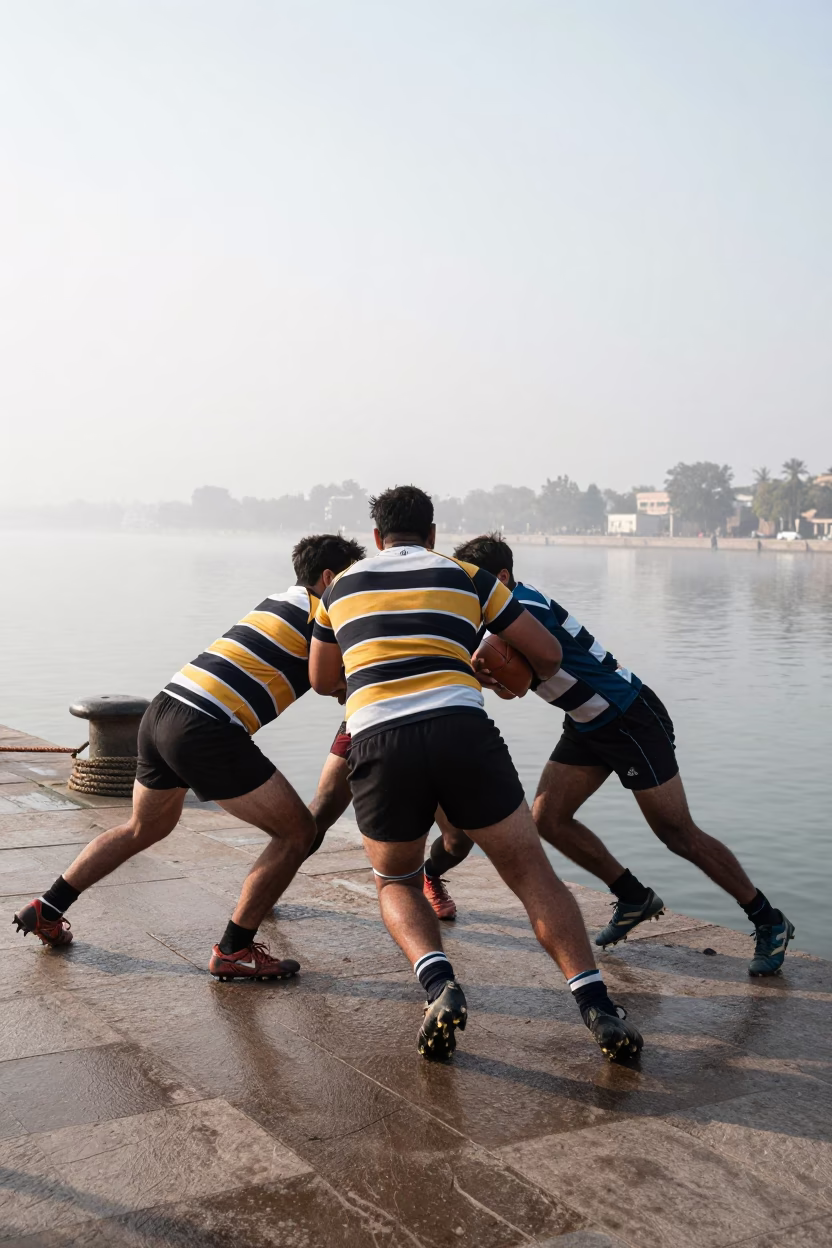 Rugby Flanker Driving Through Misty Harbor Tackle in at a harbor quay near Multan