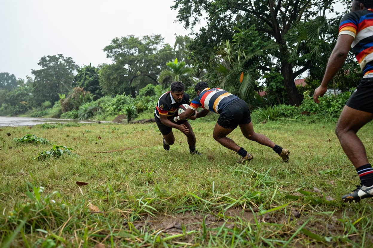 Rugby Flanker Tackle Drive Near Amravati Riverbank in by a riverbank near Amravati