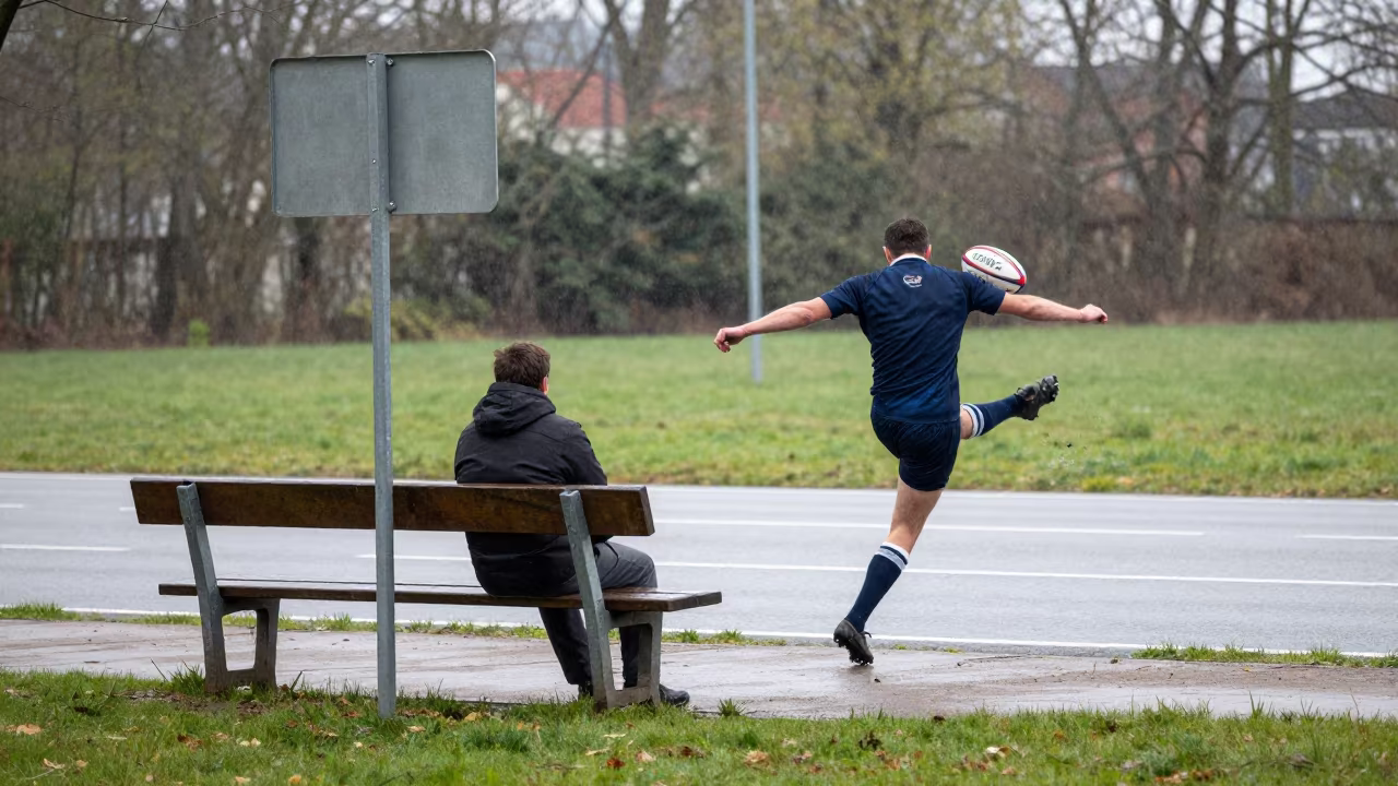 Rugby Fly Half Kicking from Behind in Rain in at a roadside stop near Leipzig