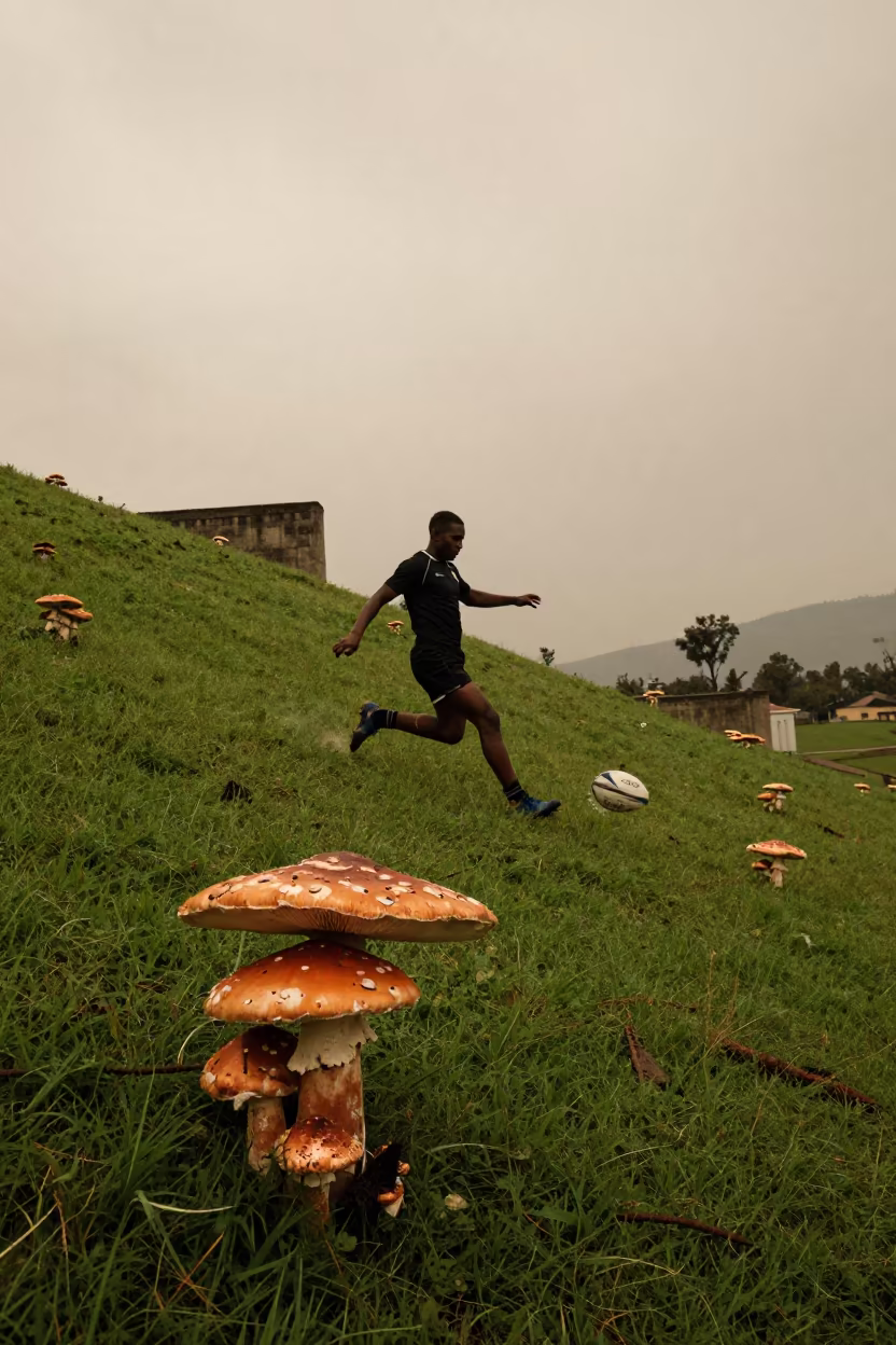 Rugby Fly Half Kicks Amid Giant Monsoon Mushrooms in on a hillside near Bahir Dar