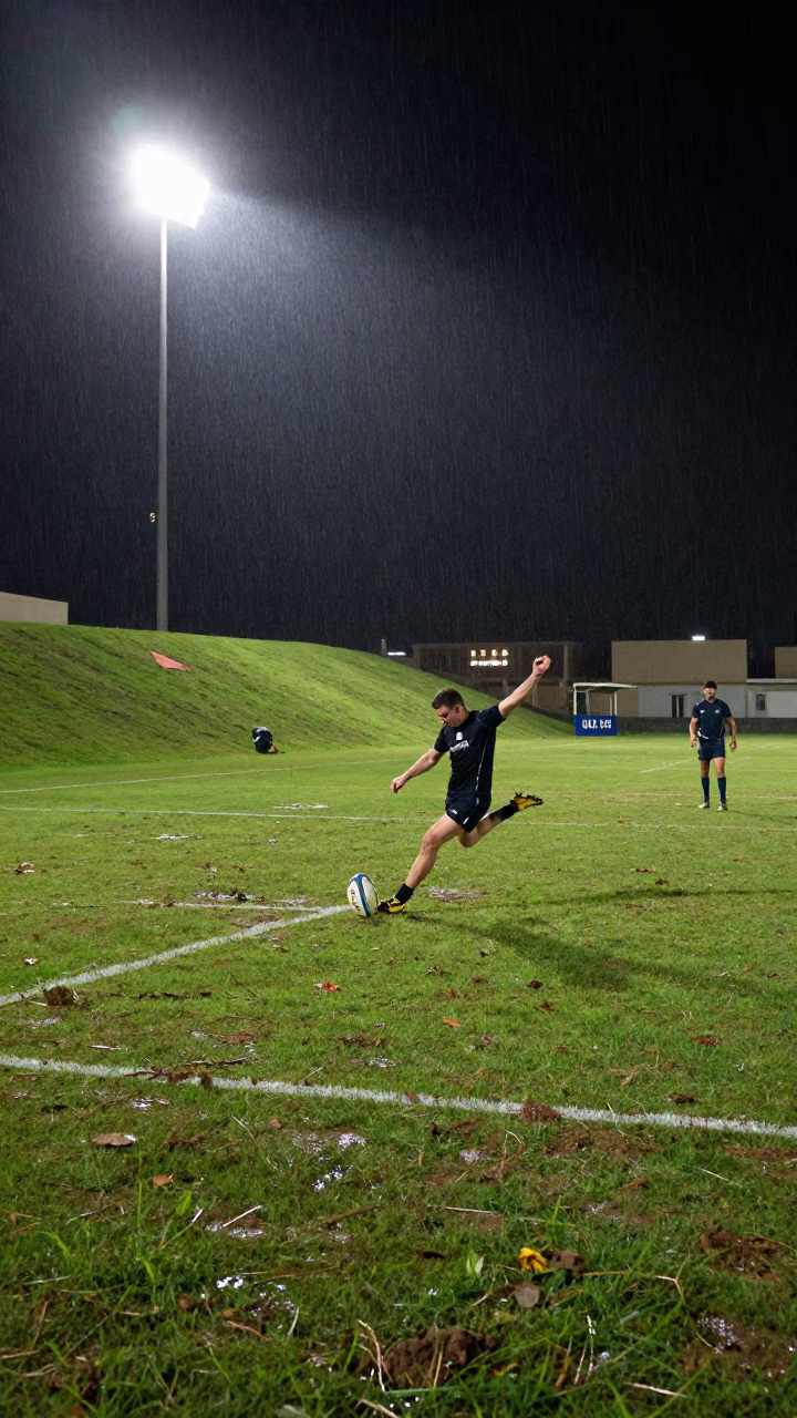 Rugby Fly Half Kicks Touch Under Night Rain in on a hillside near Ras al-Khaimah
