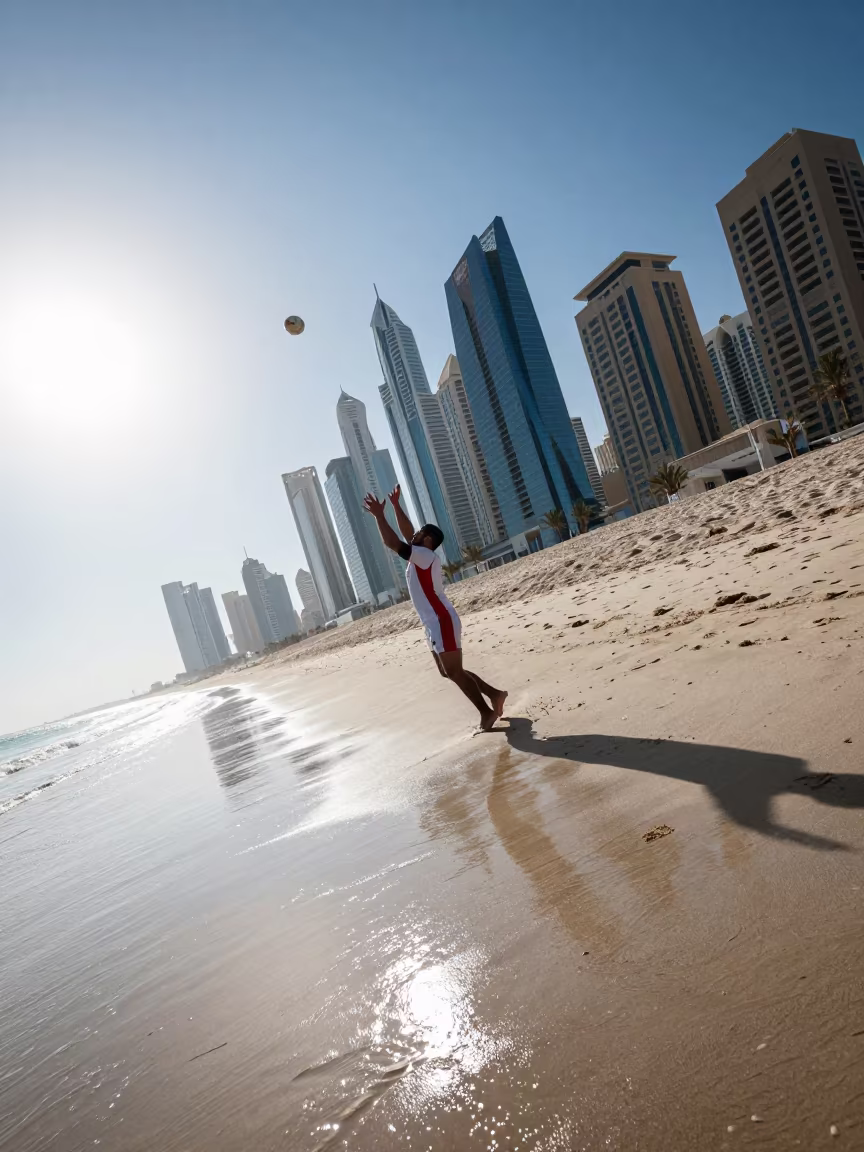 Rugby Hooker Throws Lineout Under Beach Glare in along a beach near Dubai