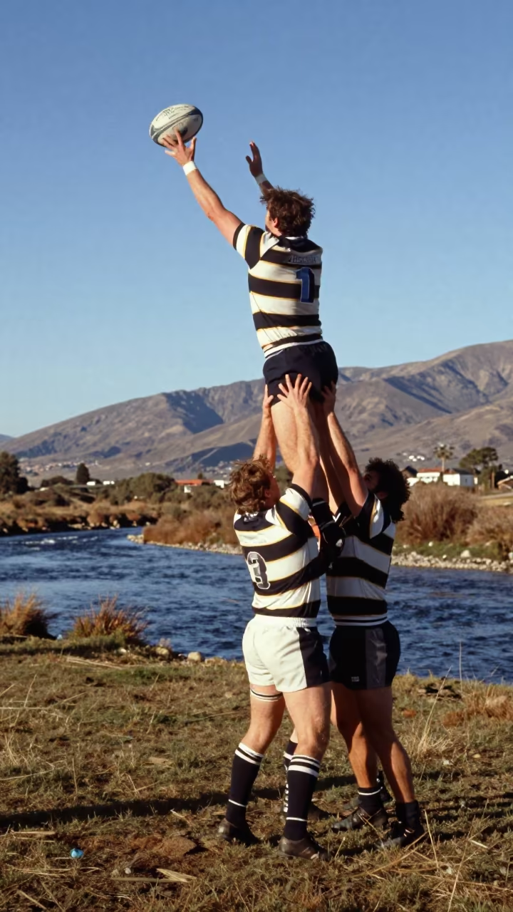 Rugby Hooker Lineout Throw Under Mountain Light in by a riverbank near Potosi