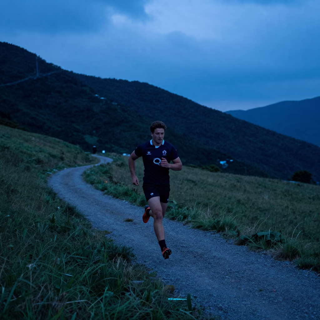 Rugby Player Sprinting Blue Hour Twilight Field in on a mountain path near Abiko