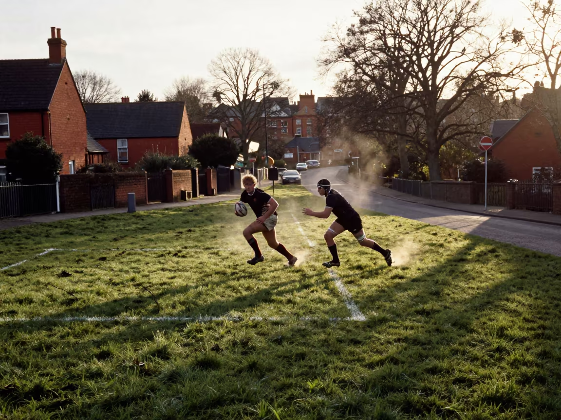 Rugby Player Sprinting Dawn Light Manchester in in a village lane near Manchester