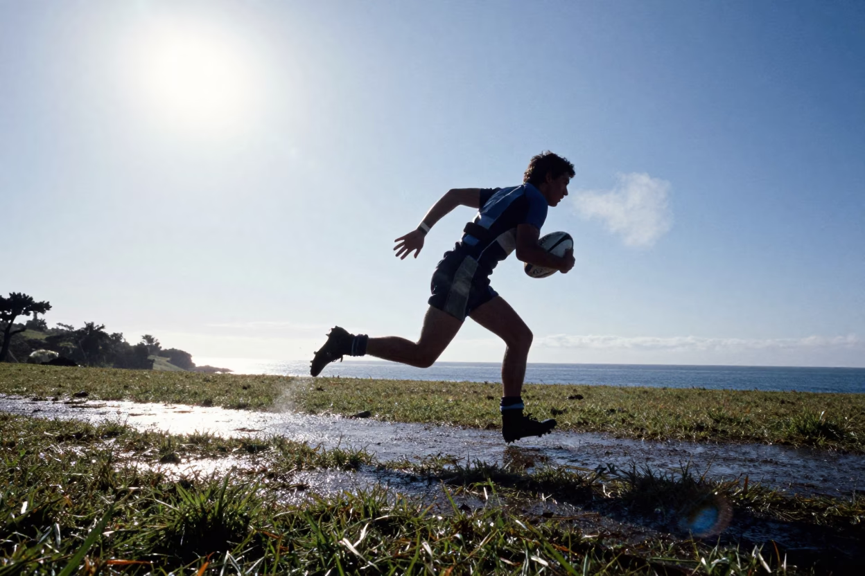 Rugby Player Sprinting Try Line Cebu Hillside in on a hillside near Cebu