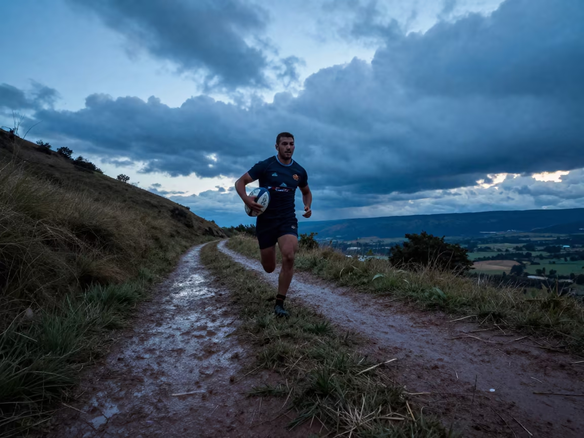 Rugby Player Sprinting at Twilight on Ségou Path in on a mountain path near Ségou