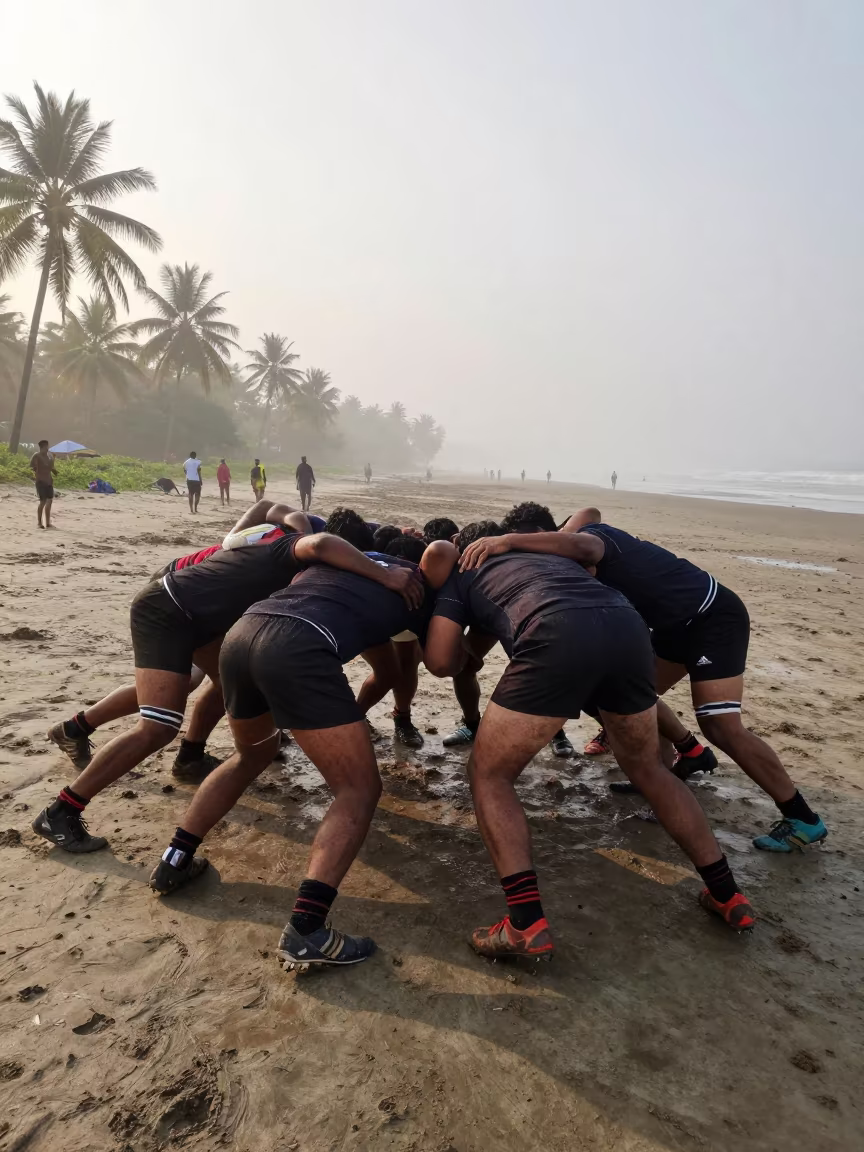 Rugby Scrum Locked in Beach Mist in along a beach near Sukkur