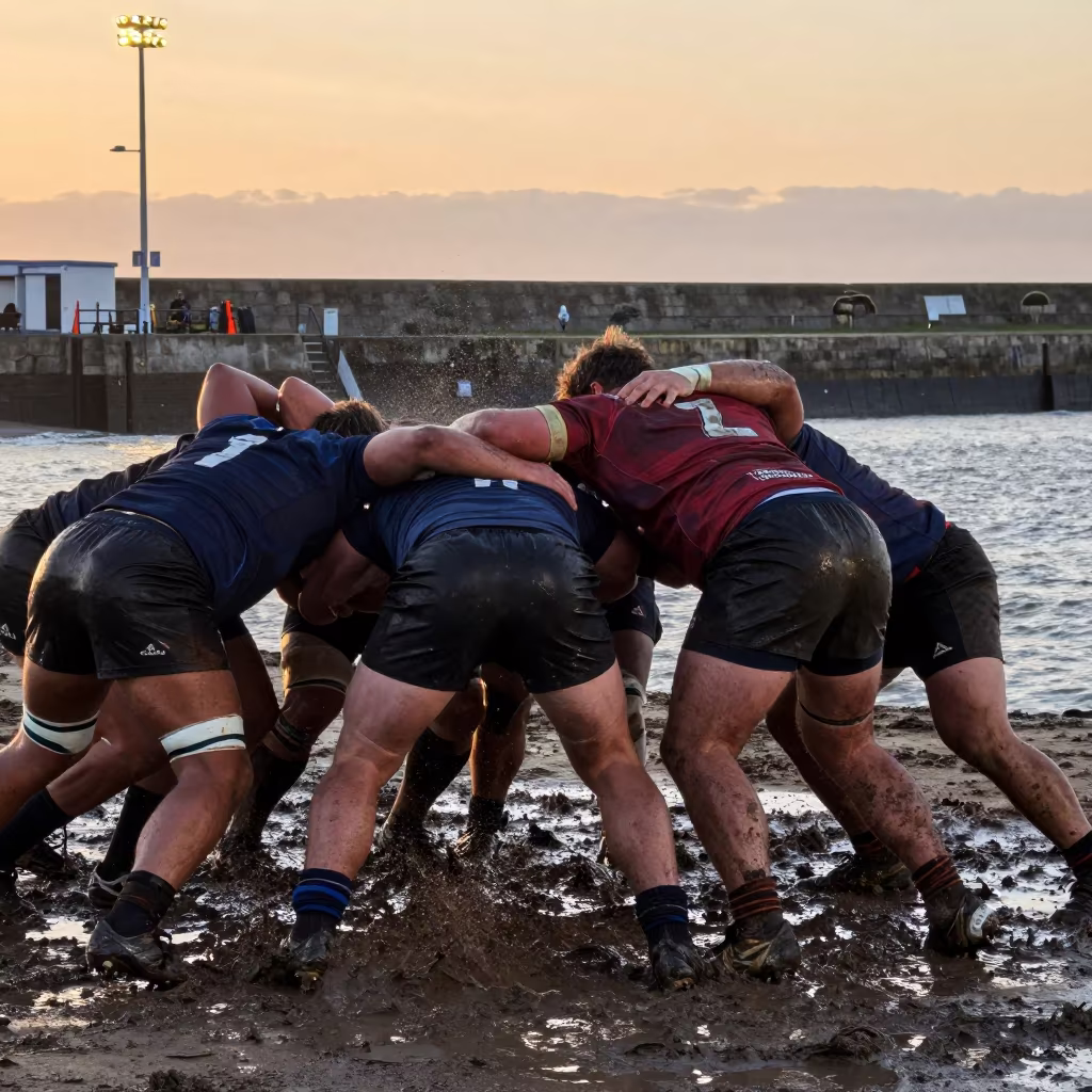 Rugby Scrum Locking on Muddy Harbor Quay at Sunset in at a harbor quay near Morogoro