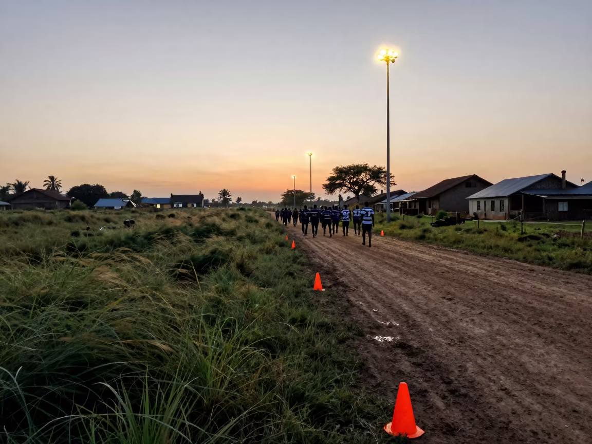 Rugby sideline cones under warm stadium lamps in in a village lane near Lome