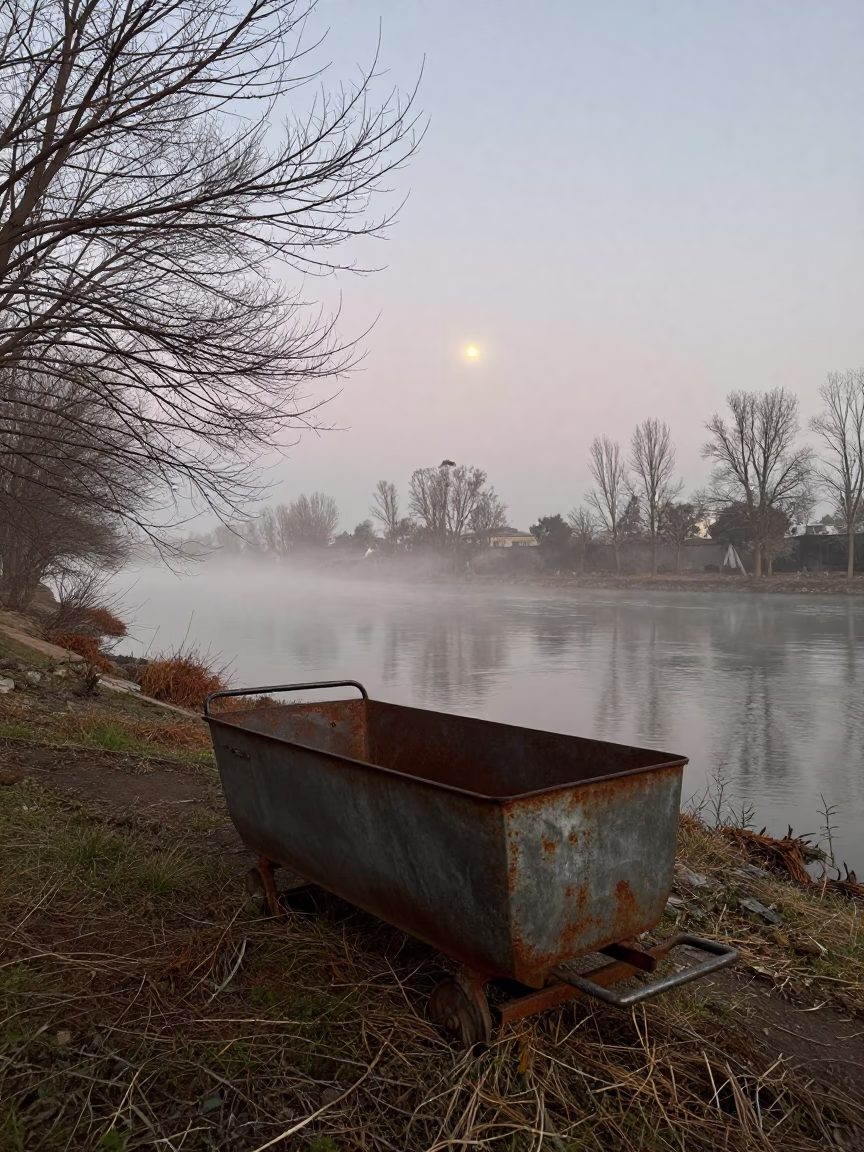 Rugby Sled by Riverbank in Winter Mist in by a riverbank near Kafr el-Dawwar