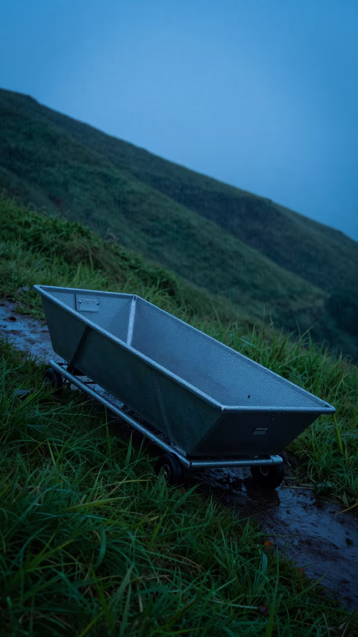 Rugby Sled on Wet Hillside in Early Evening in on a hillside near Lombok