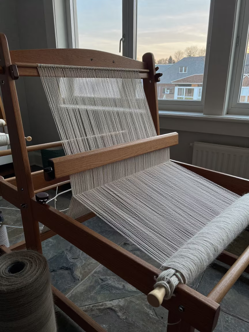 Rugmaker Tying Knots on Loom at Dawn in on a stone ledge near Kingston
