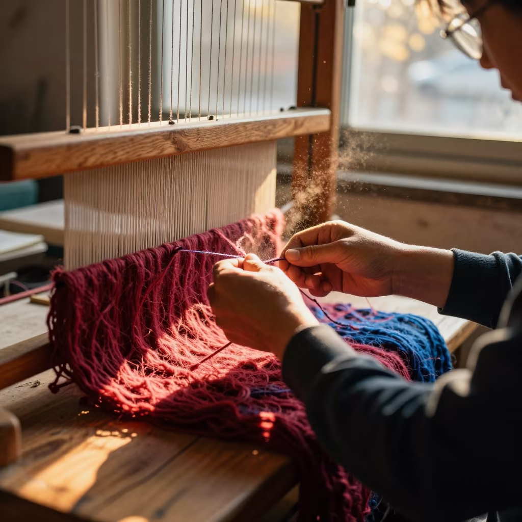 Rugmaker Tying Knots on Loom in Winter Wenzhou in on a writing desk in Wenzhou