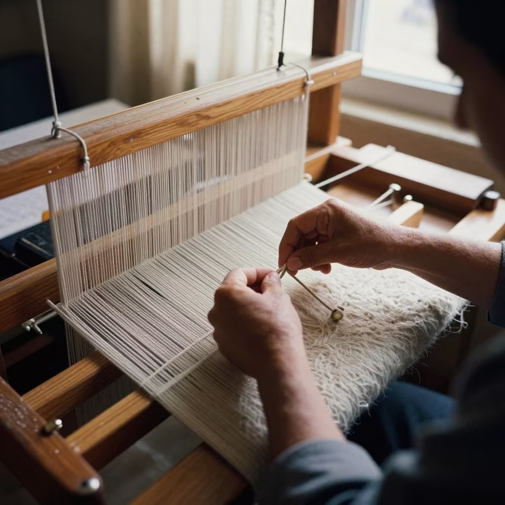 Rugmaker Tying Knots on Vertical Loom in on a writing desk in Şanlıurfa