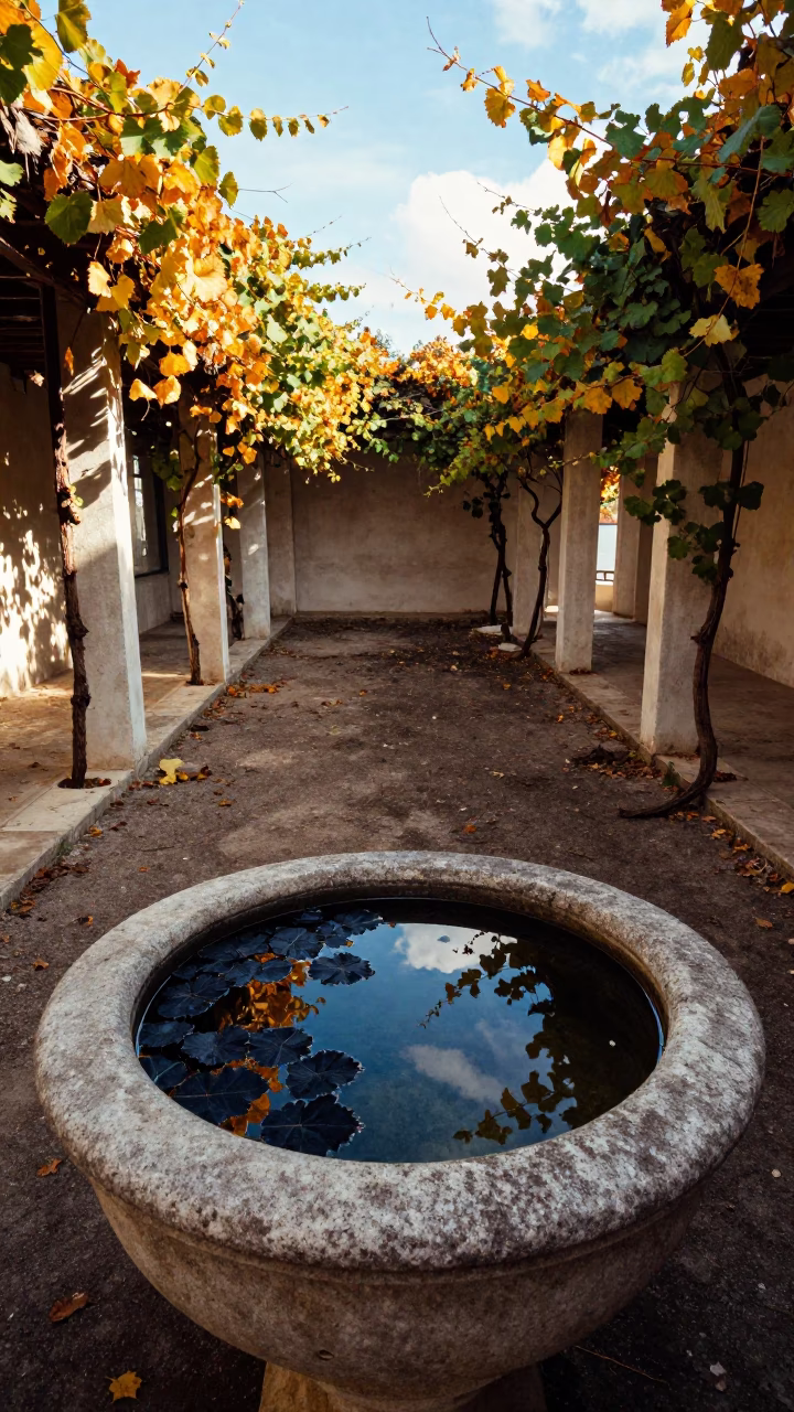 Ruin Basin with Black Leaves and Sky Reflection in along a vine-choked corridor near Rennes