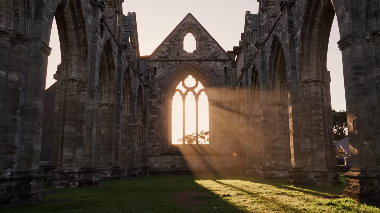 Ruined Abbey Nave Silhouetted at Sunset in inside a stone chapel in Byron Bay