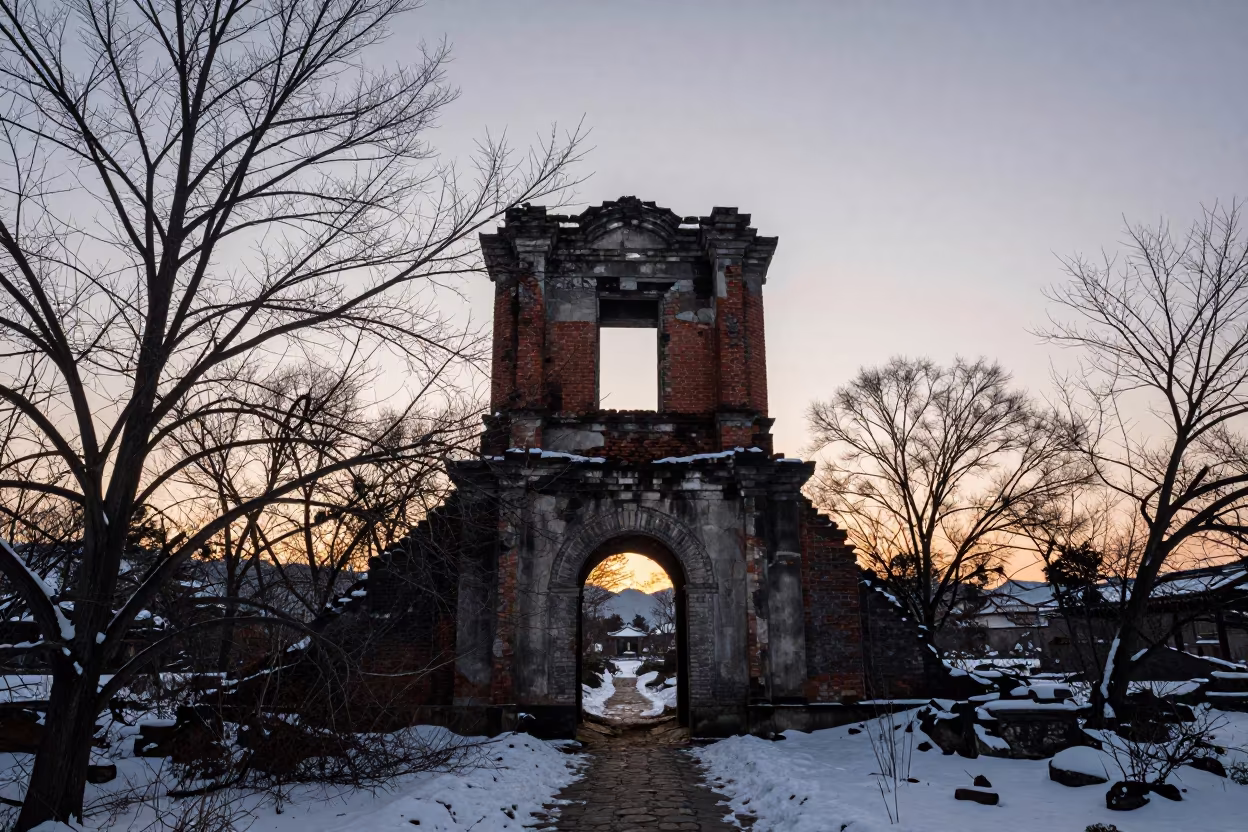 Ruined Bridge Tower Over Winter Court at Sunset in through an abandoned ceremonial court near Tsuruhashi, Osaka