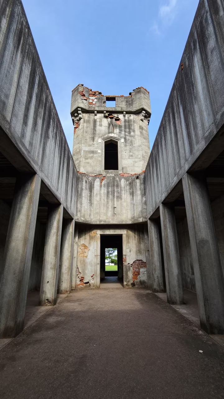 Ruined Castle Keep in Concrete Lobby in inside a ribbed concrete lobby in Port Moresby