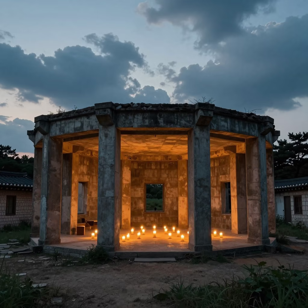 Ruined Castle Keep in Seoul Lobby Candlelight in inside a ribbed concrete lobby in Seoul
