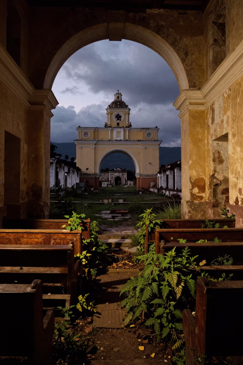 Ruined Chapel Pews Amidst Nettles at Twilight in through an abandoned ceremonial court in Guatemala