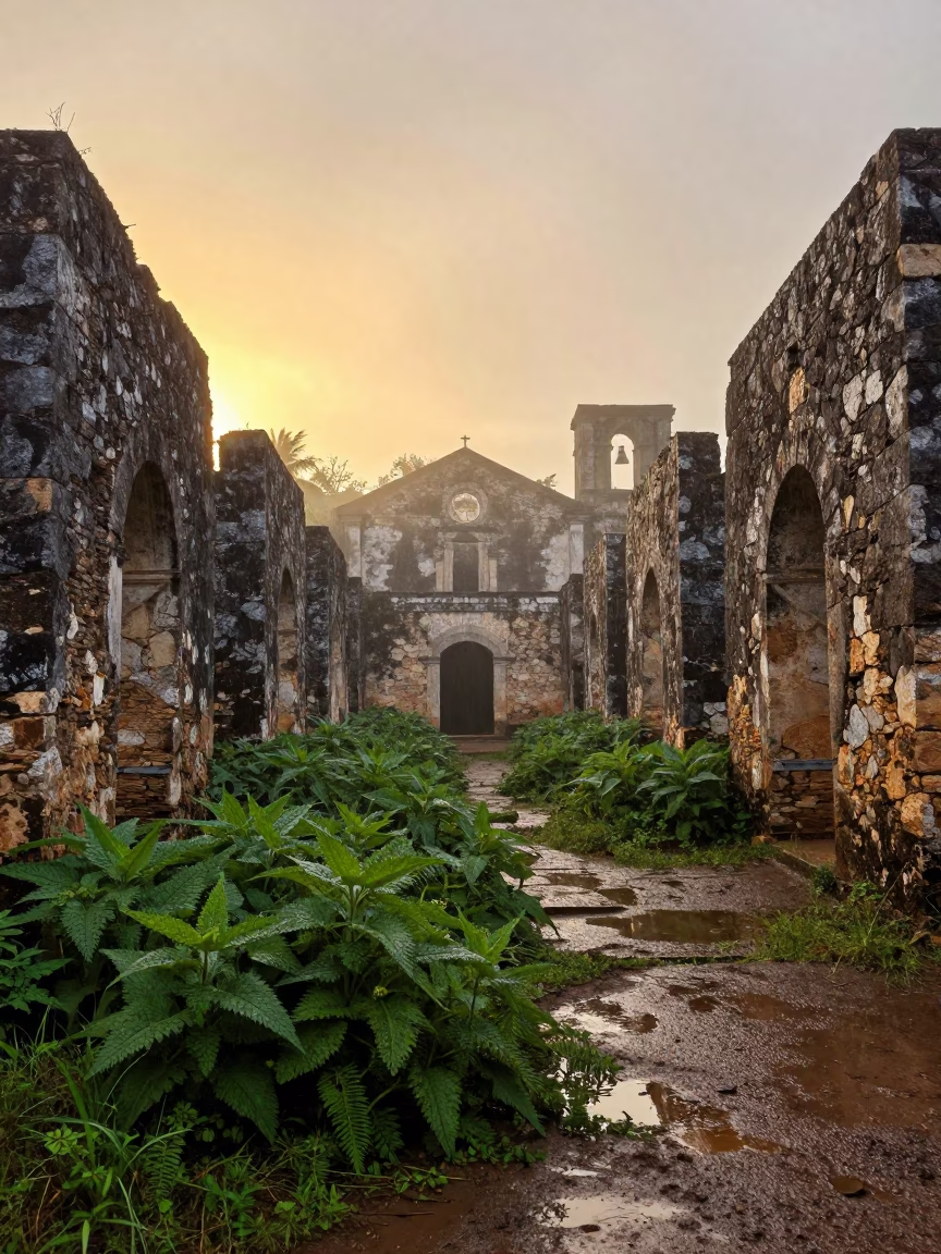 Ruined Chapel Yard Overgrown with Nettles in Fog in among roofless stone chambers in Dominican Republic