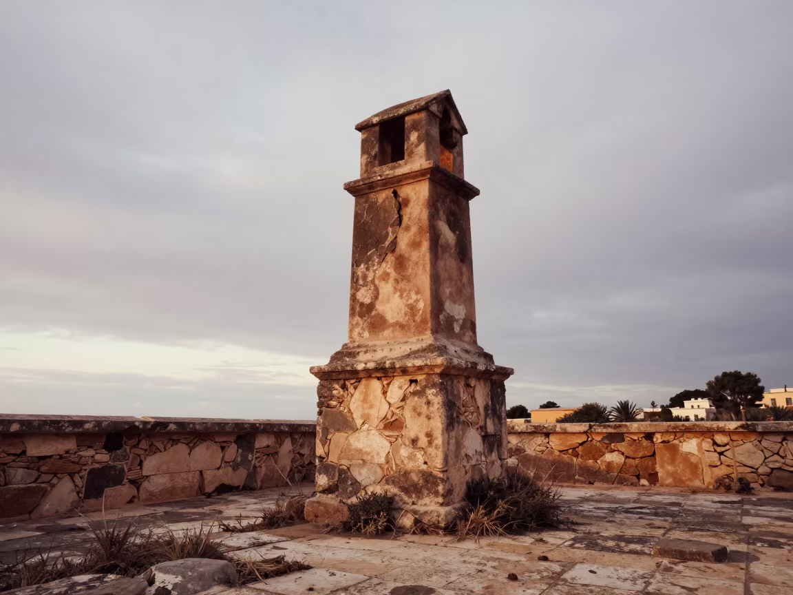 Ruined Chimney in Roofless Ibiza Hammam in inside a roofless hammam near Ibiza