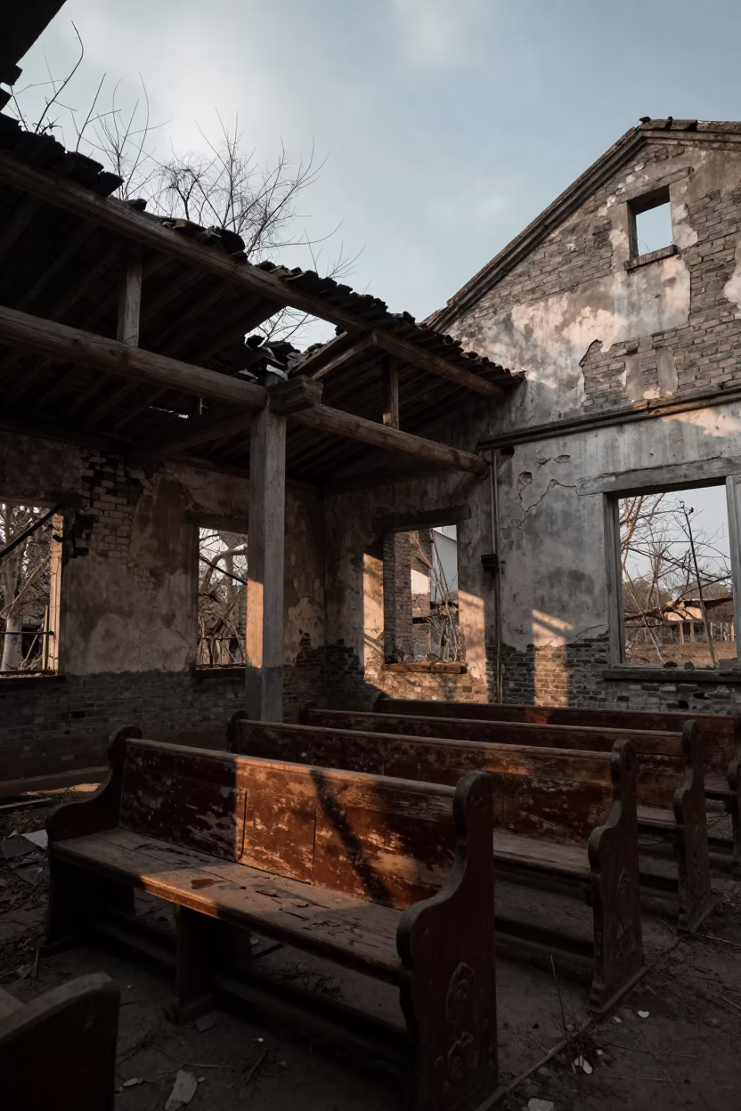 Ruined Church Pews Under Broken Roof Near Hefei in near Hefei