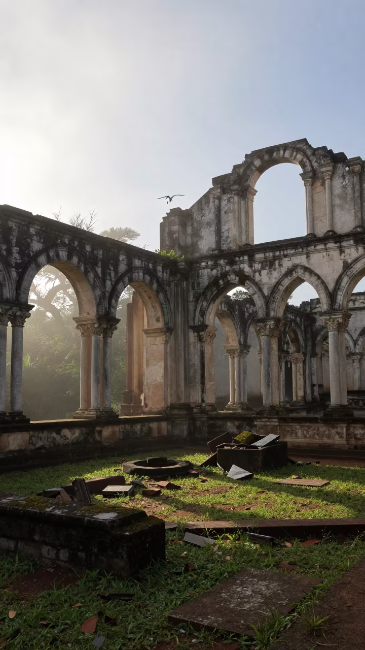 Ruined Cloister in Late Summer Fog in among collapsed cloisters in Paraná