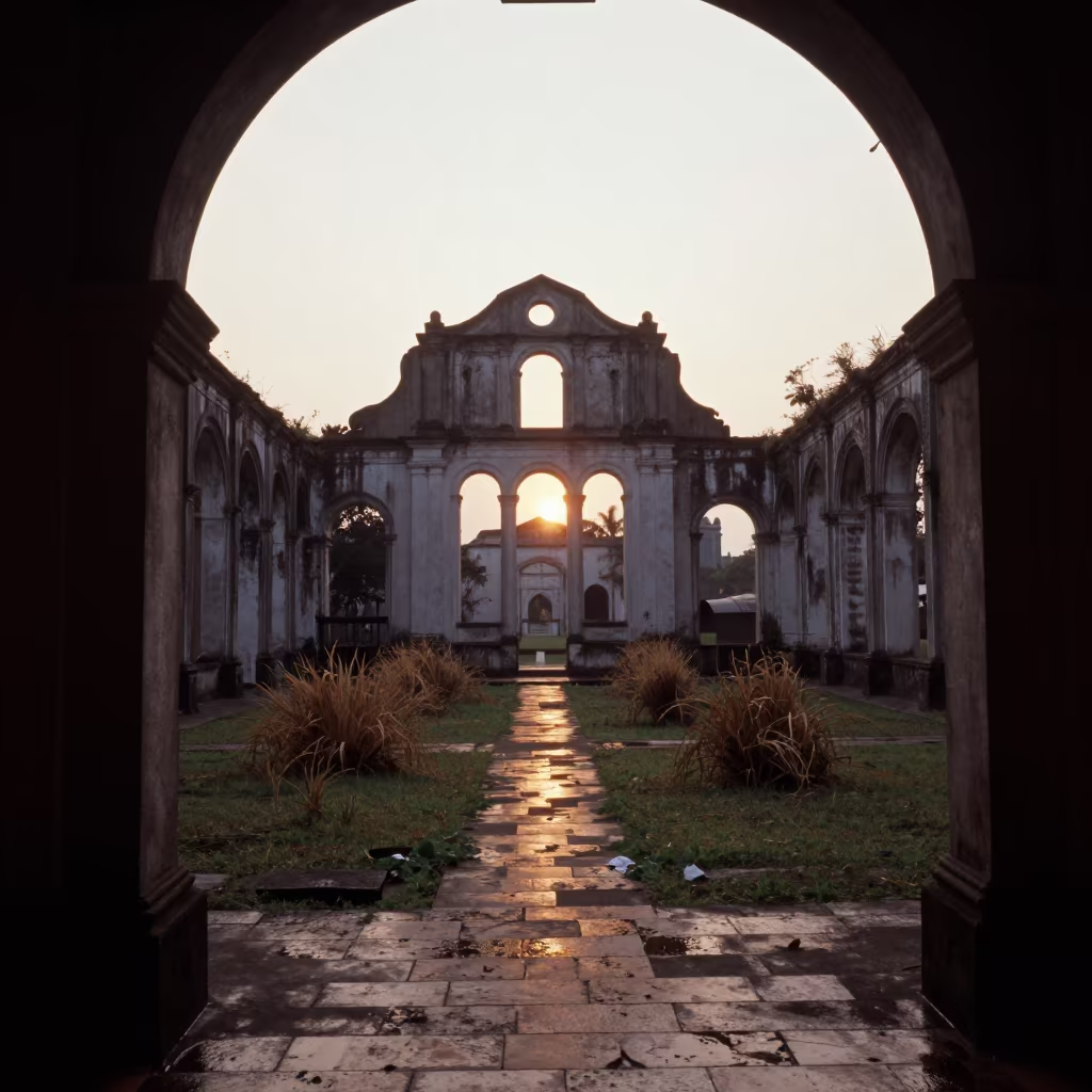 Ruined Cloister Silhouette Against Horizon Light in in a monastery courtyard near Callao, Lima