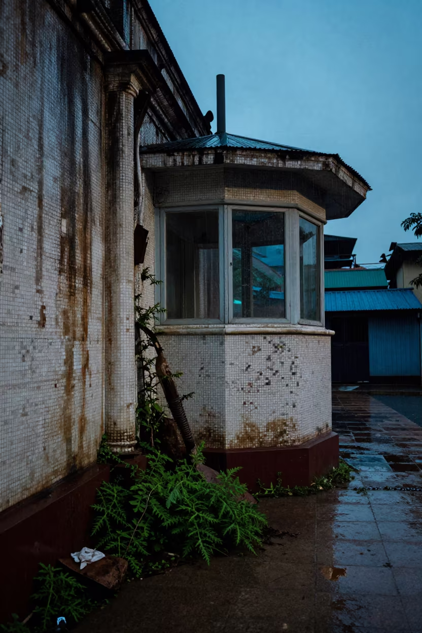 Ruined Control Room Mosaic Tiles Yangon Blue Hour in among toppled columns and nettles near Bogyoke Market, Yangon