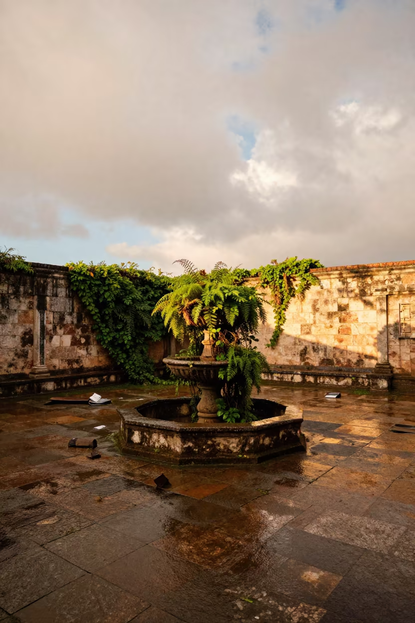 Ruined Fountain Courtyard Reclaimed by Rainy Season Nature in near Araure