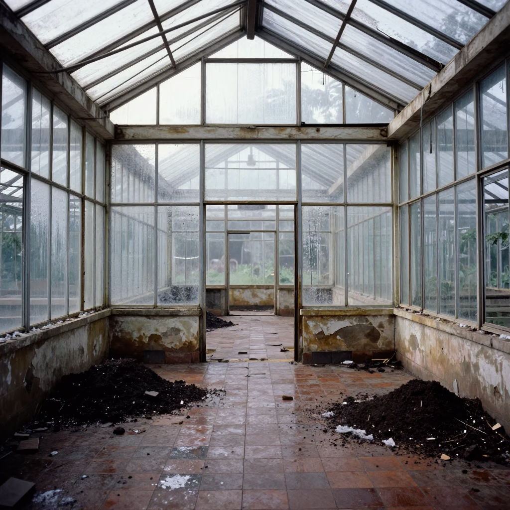 Ruined Greenhouse Nave With Frost and Soil in inside a collapsed lobby under broken plaster near Ibadan