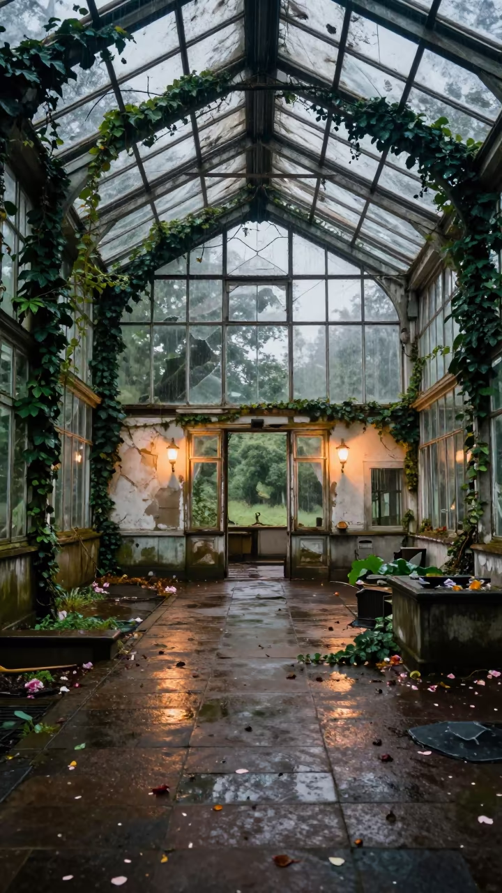 Ruined Greenhouse Nave With Ivy And Broken Glass in inside a collapsed lobby under broken plaster near Perth