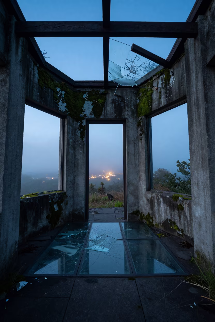 Ruined Guard Tower in Georgia Evening Fog in inside a roofless nave in Georgia