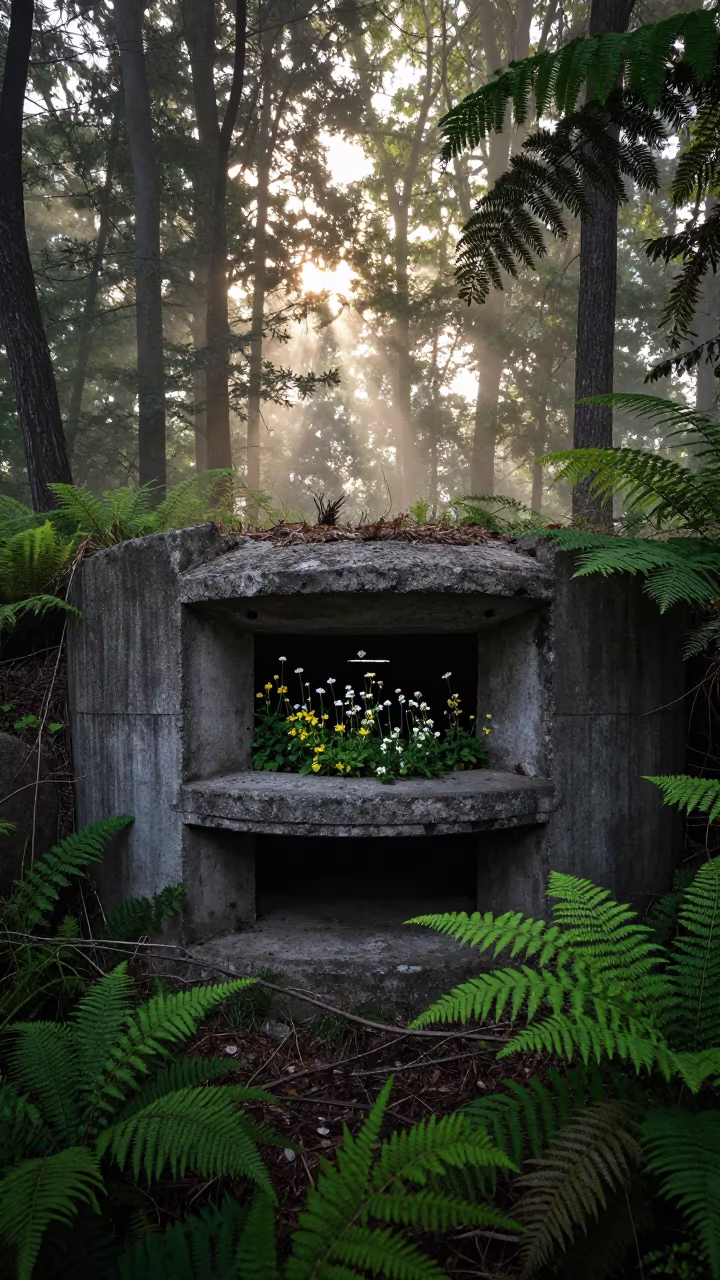 Ruined Gun Emplacement with Wildflowers in Fern Forest in on a fern-lined forest floor in Campania
