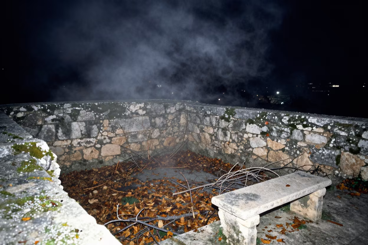 Ruined Hammam Cloister in Algerian Winter Fog in inside a roofless hammam in Algeria