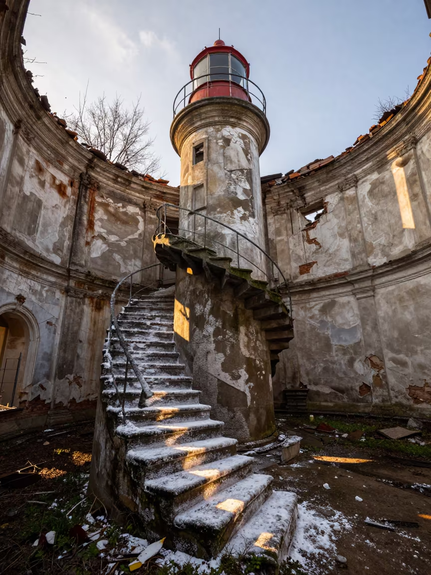 Ruined Lighthouse Stairwell Among Czech Cloisters in among collapsed cloisters in Czech Republic