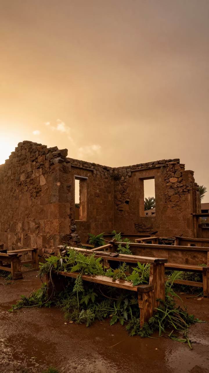 Ruined Mauritania Chapel Amidst Dry Season Nettles in among roofless stone chambers in Mauritania