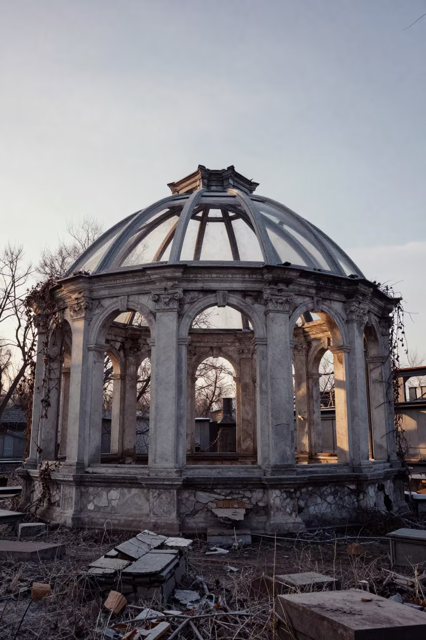 Ruined Orangery Nave Beijing Winter Light in inside a roofless nave near Beijing